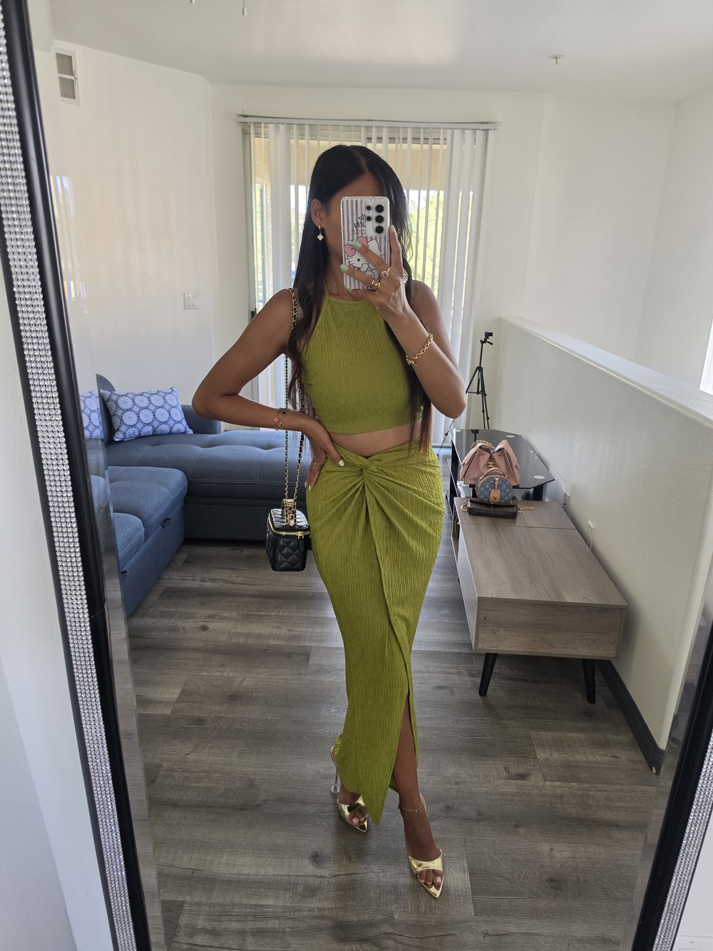 Olive Green Knot-Front Ribbed Maxi Skirt